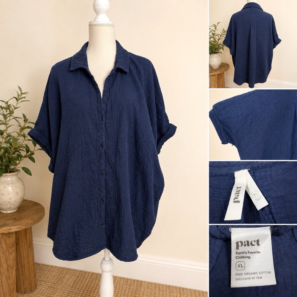 Pact Women’s XL Navy 100% Organic Cotton Gauze Oversized Button Front Shirt Top